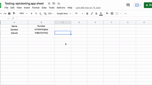 EpicTexting Google Sheets add-on sending personalised SMS to a contact list
